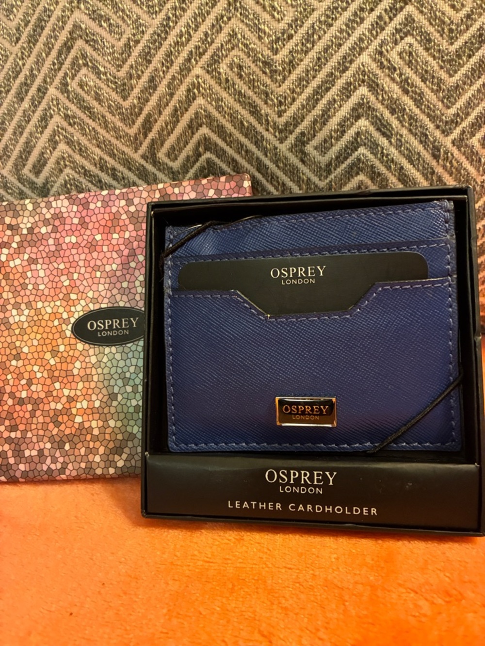 OSPREY London Cobalt Blue Leather Card Holder with Logo Plaque NWT- In Gift Box